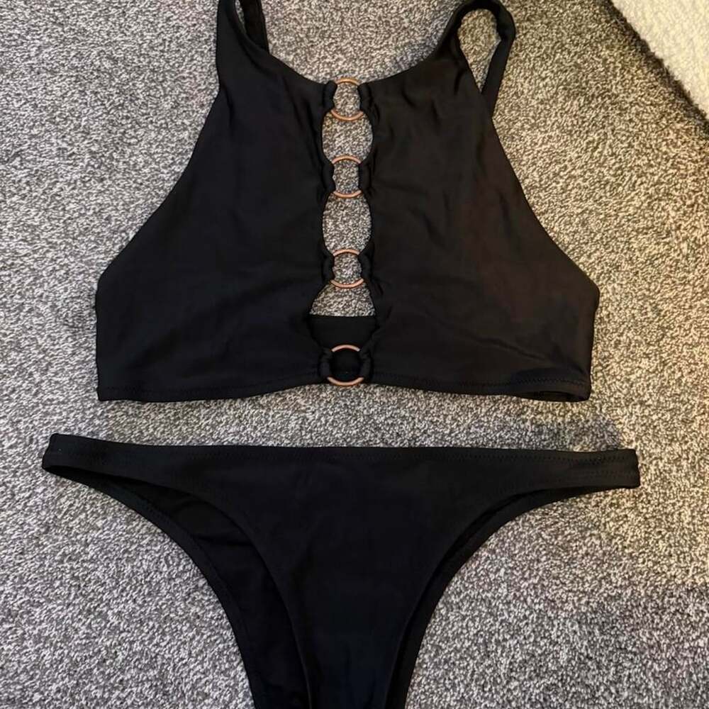 Aerie High Neck Bikini Set Size M Black Gold O-Ring Swimwear